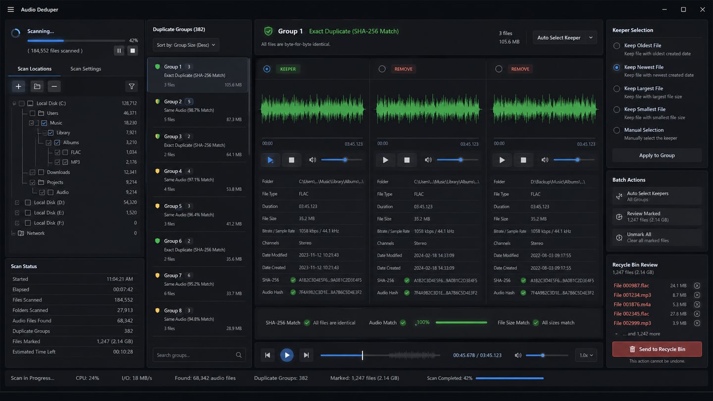 Audio Deduper duplicate recording review interface