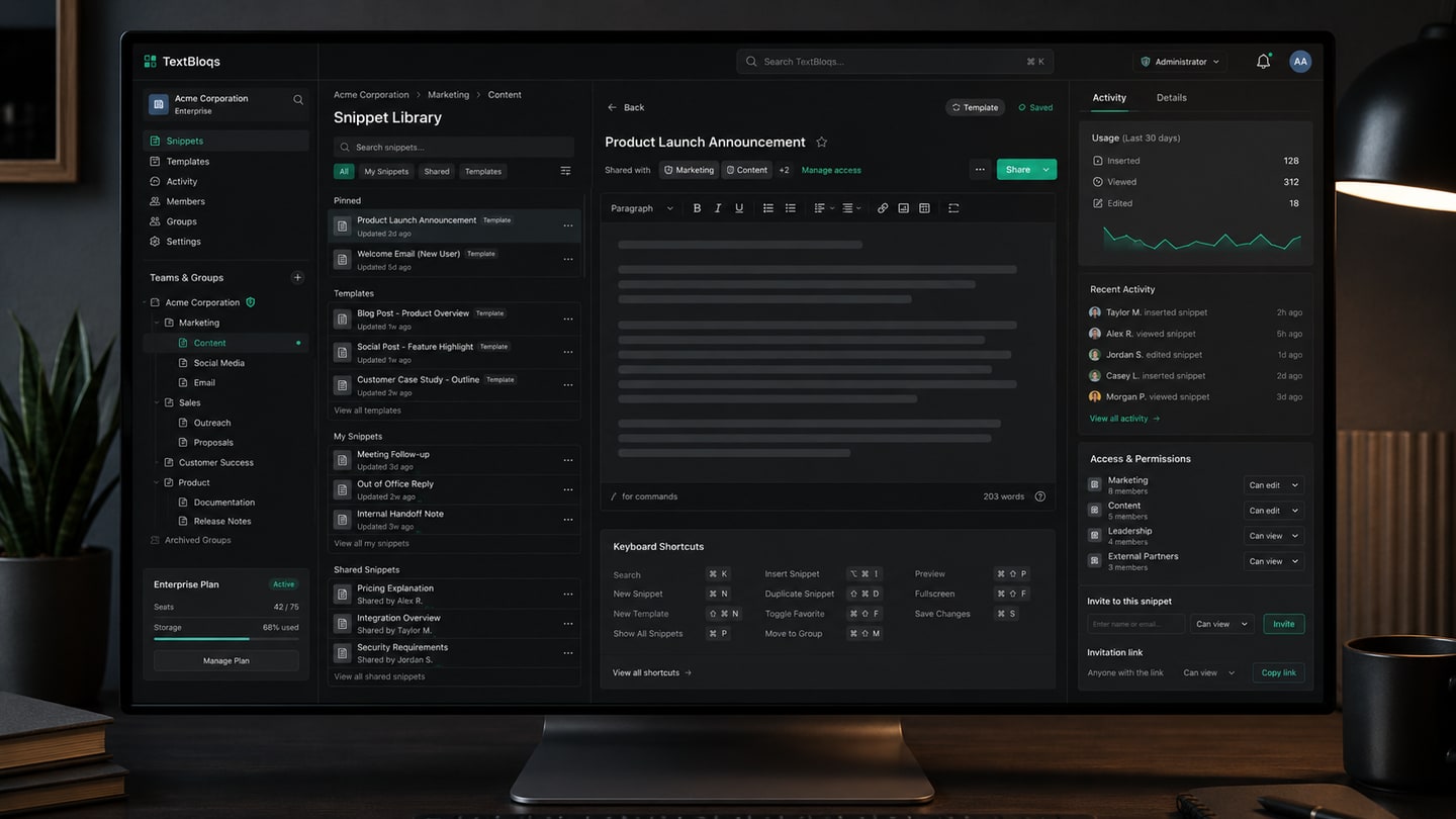 TextBloqs collaborative snippet management interface
