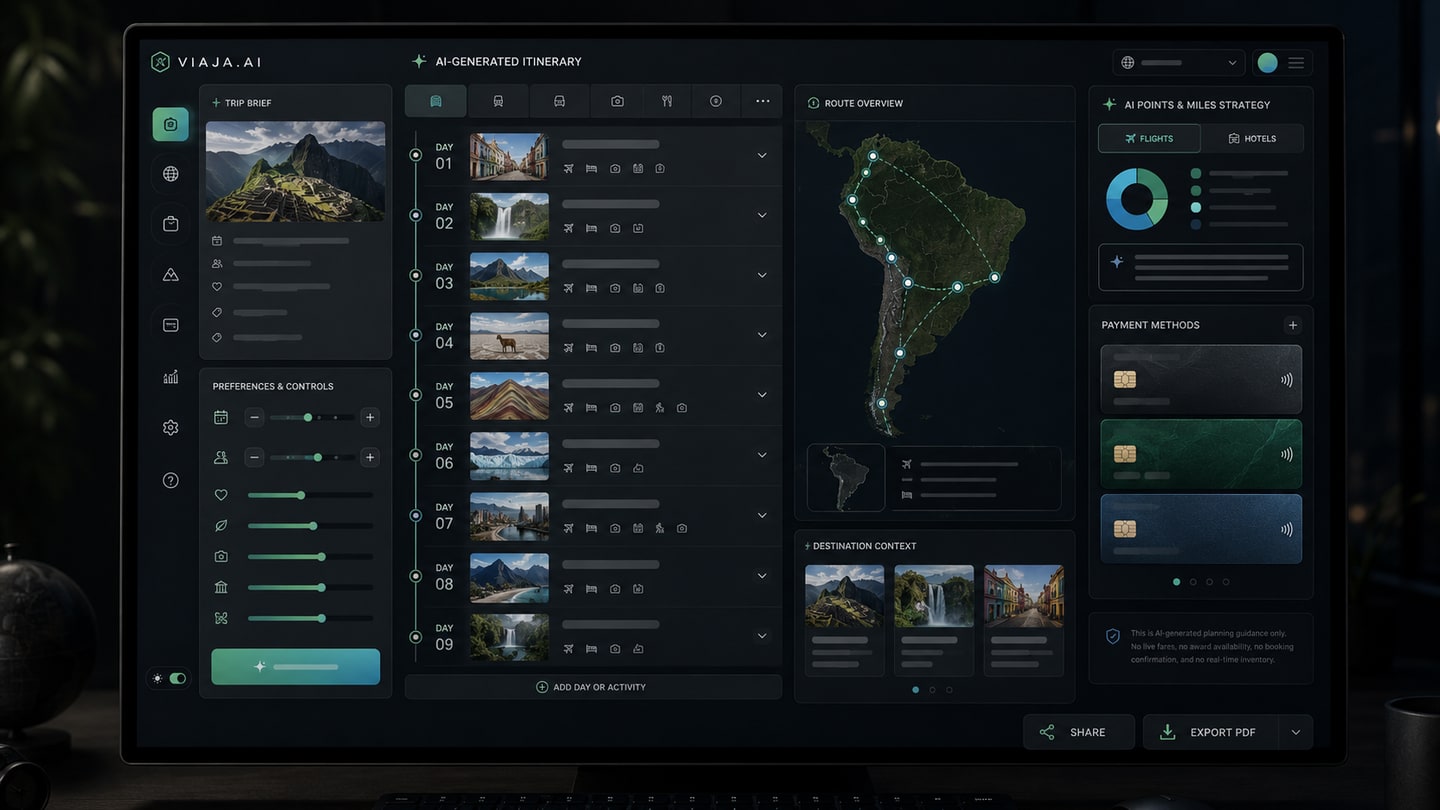 VIAJA AI multilingual South America travel planning interface